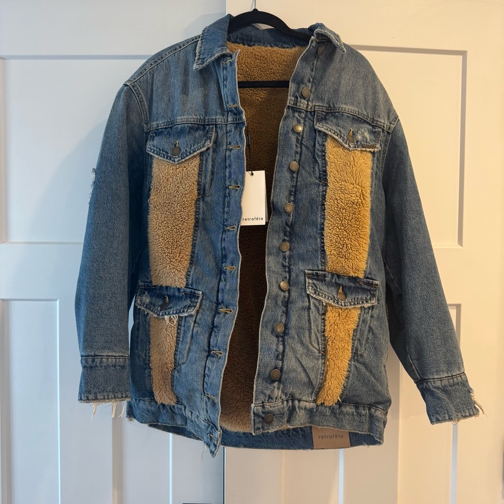 NWT Retrofete Cindy Reversible Denim Faux Shearling Fur Jacket, Size XS - Picture 11 of 16